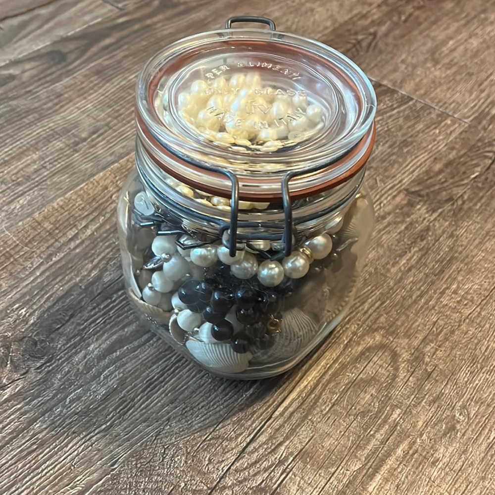 FV Per Alimenti Only Glass Canister Jar filled with vintage beads, shells etc